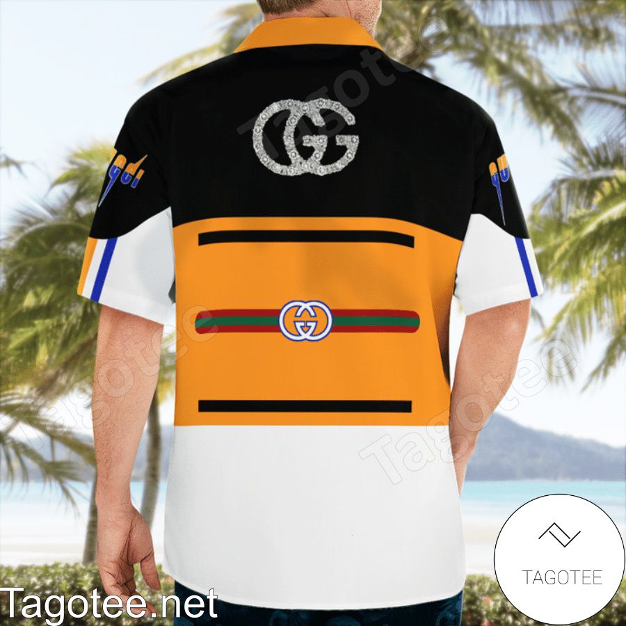 Gucci Orange Black And White Stripes Hawaiian Shirt And Beach Shorts b