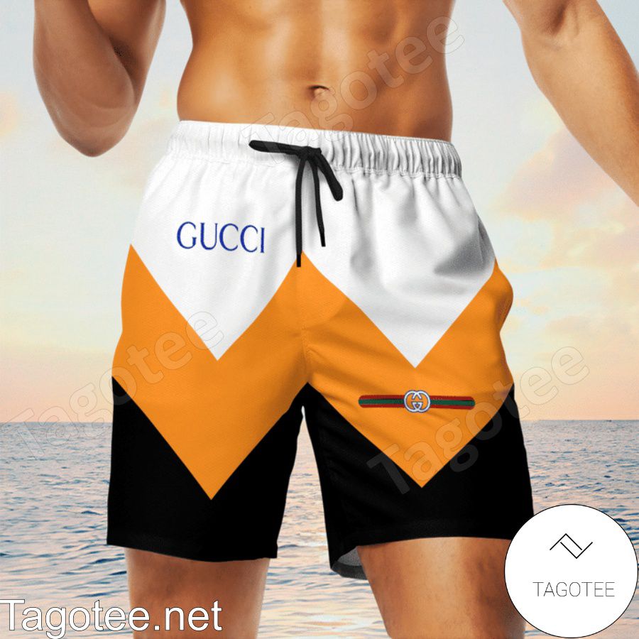 Gucci Orange Black And White Stripes Hawaiian Shirt And Beach Shorts c