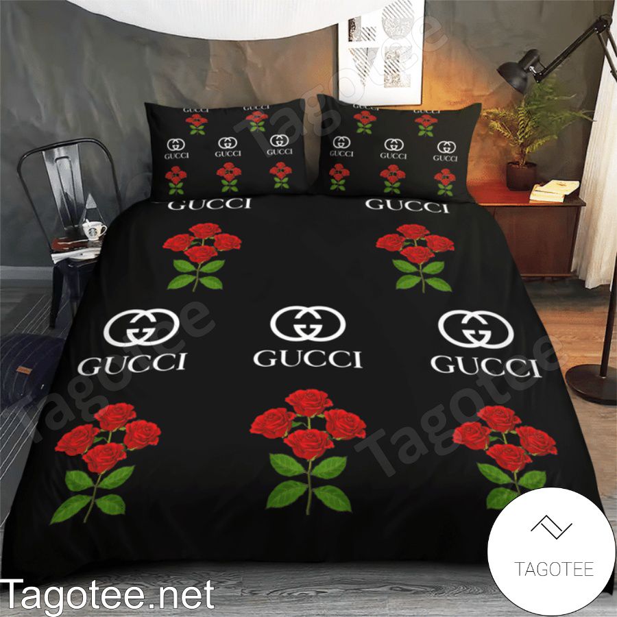 Gucci Red Rose Branch Black Bedding Set
