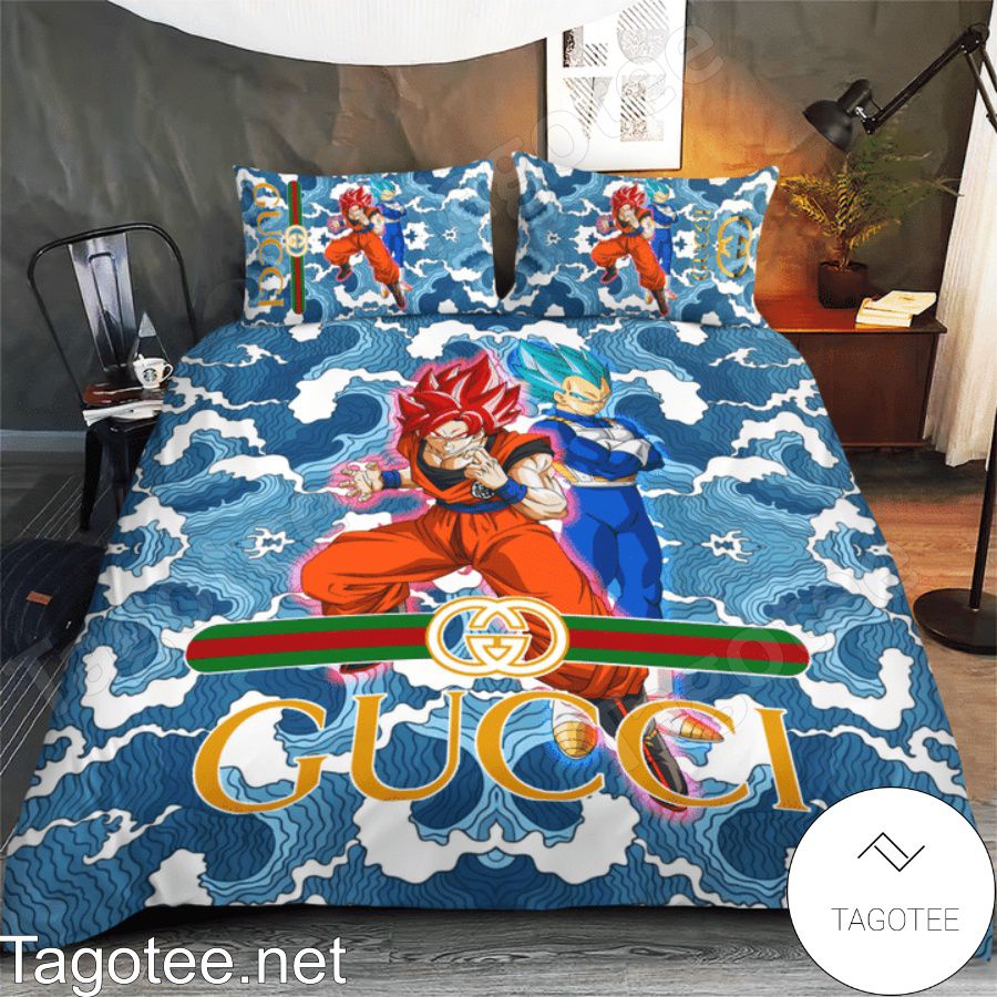 Gucci Son Goku And Vegeta Storm Waves Pattern Bedding Set