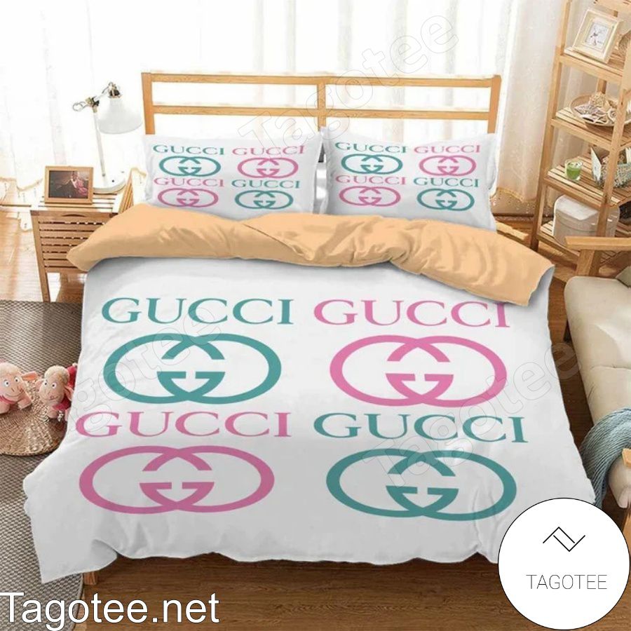 Gucci Teal And Pink Logo White Bedding Set