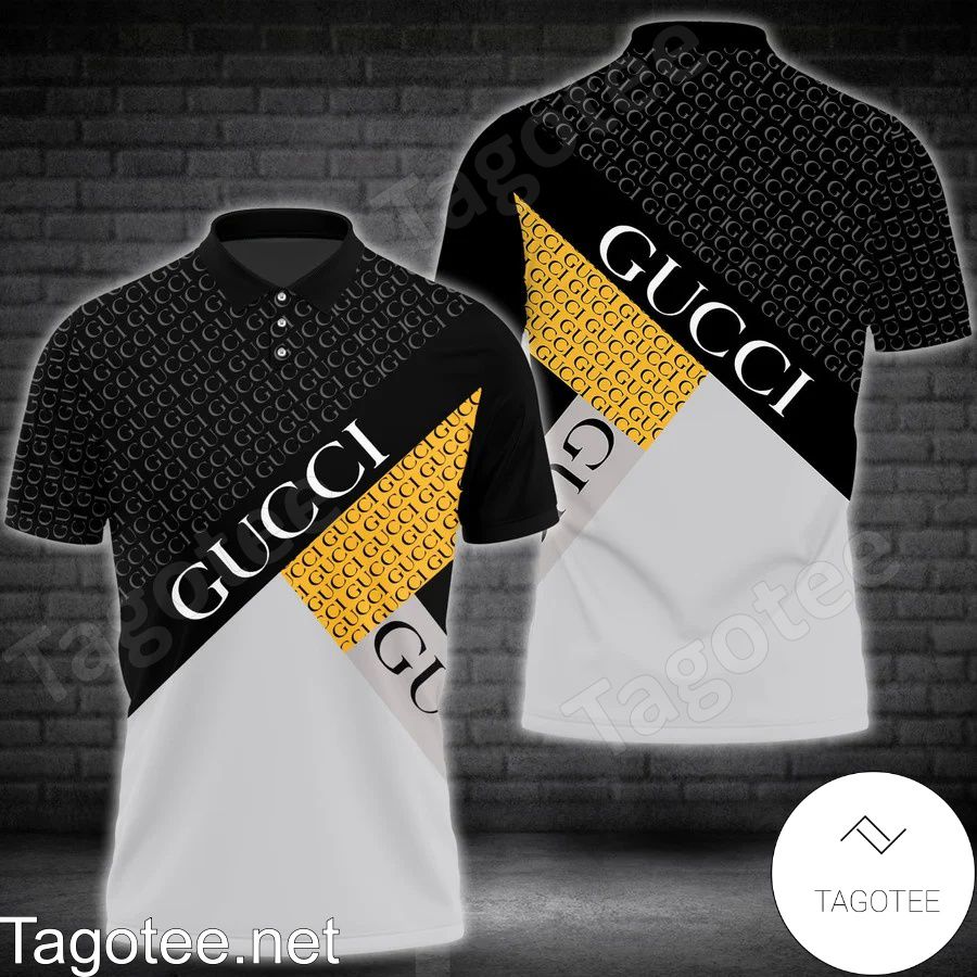 Gucci Text Color Mix Black White And Yellow Polo Shirt - Tagotee