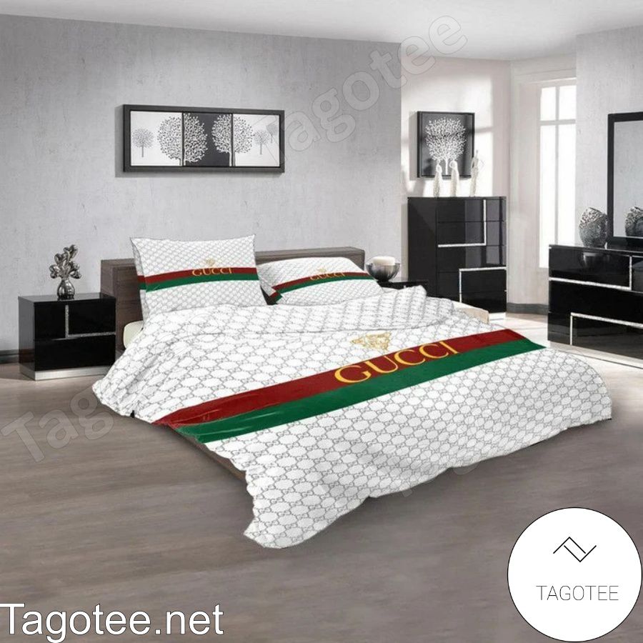 Gucci White Monogram Red And Green Stripes Bedding Set