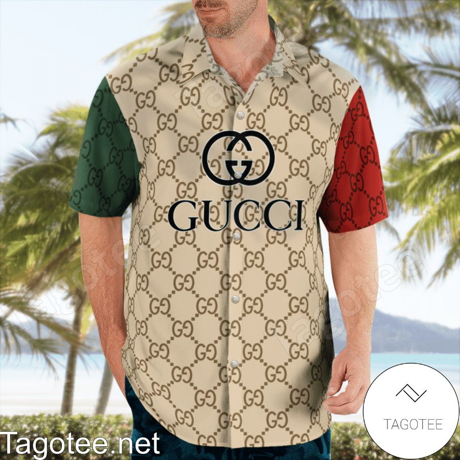 Etsy Gucci With Big Logo Center Mix Green Beige And Red Hawaiian Shirt And Beach Shorts