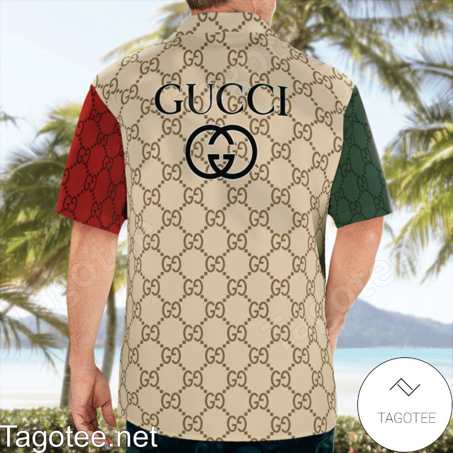 Cheap Gucci With Big Logo Center Mix Green Beige And Red Hawaiian Shirt And Beach Shorts