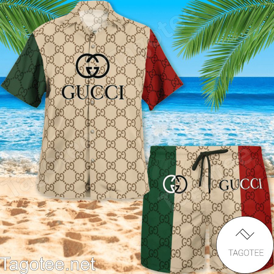 Top Selling Gucci With Big Logo Center Mix Green Beige And Red Hawaiian Shirt And Beach Shorts