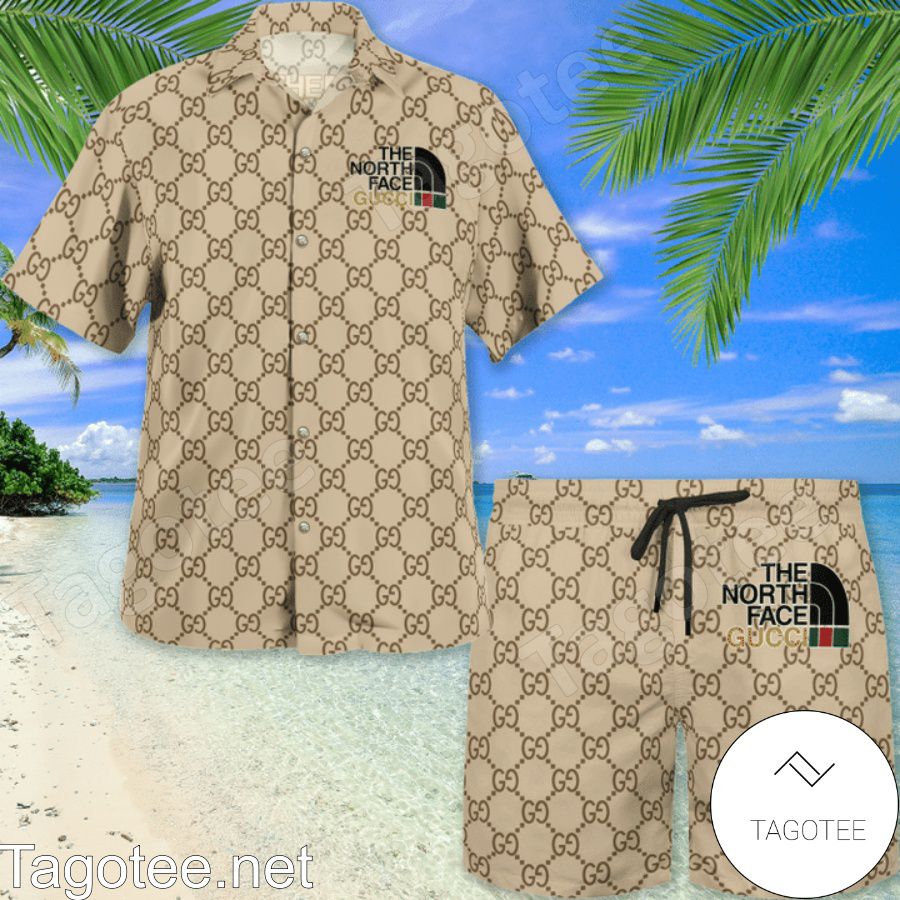 Buy In US Gucci With The North Face Gucci Logo Beige Hawaiian Shirt And Beach Shorts