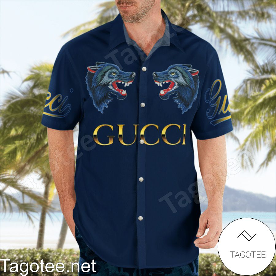 Best Gift Gucci Wofl Navy Hawaiian Shirt And Beach Shorts