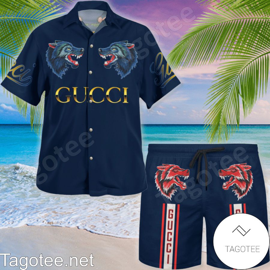 Top Gucci Wofl Navy Hawaiian Shirt And Beach Shorts
