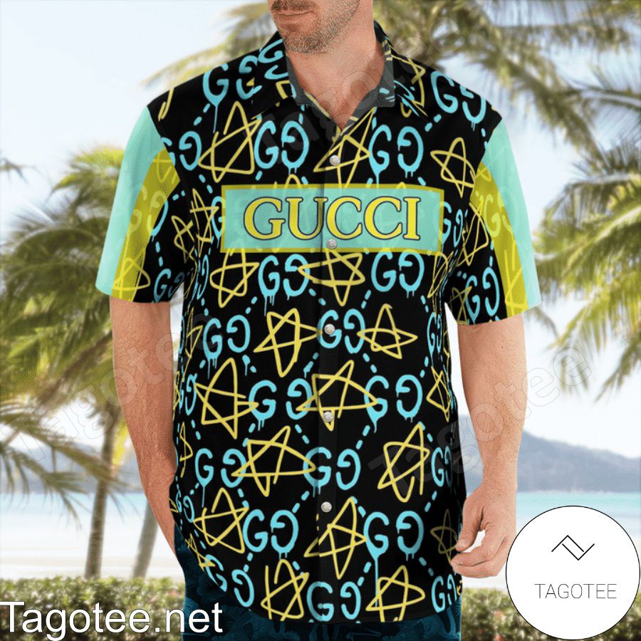 Great Quality Guccighost Graffiti Blue Hawaiian Shirt And Beach Shorts