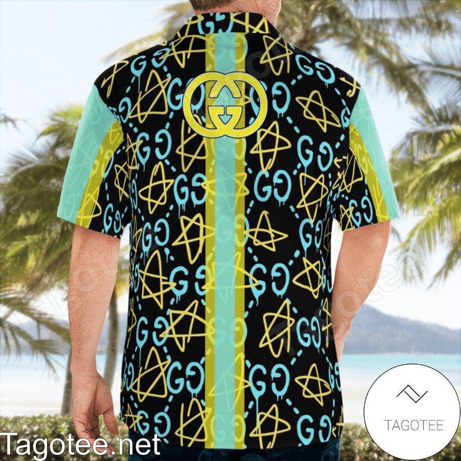 Unique Guccighost Graffiti Blue Hawaiian Shirt And Beach Shorts