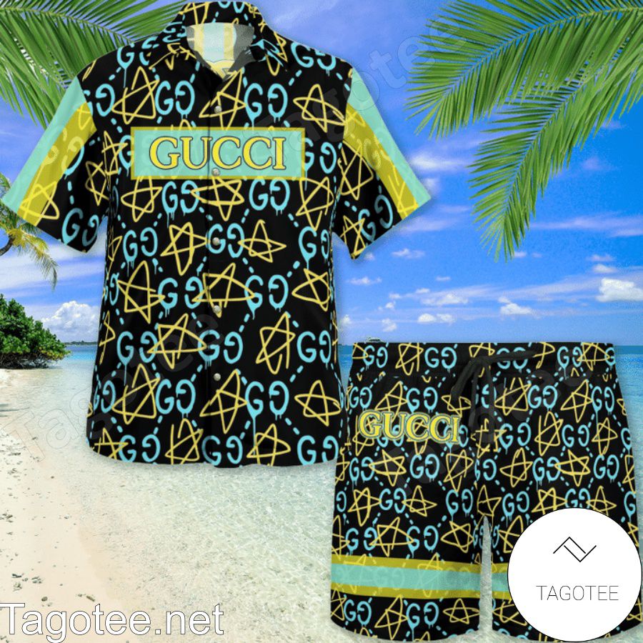 Clothing Guccighost Graffiti Blue Hawaiian Shirt And Beach Shorts