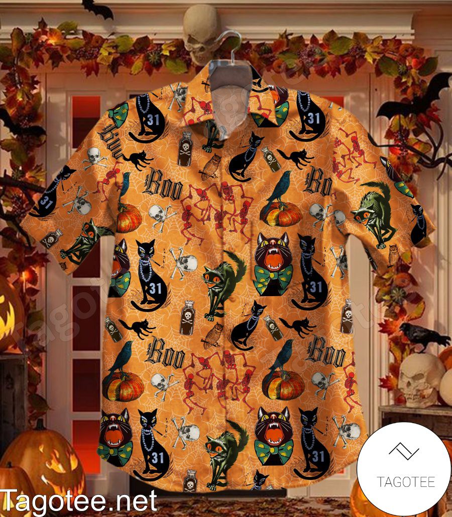 Halloween Cat Skull Spiderweb Orange Hawaiian Shirt