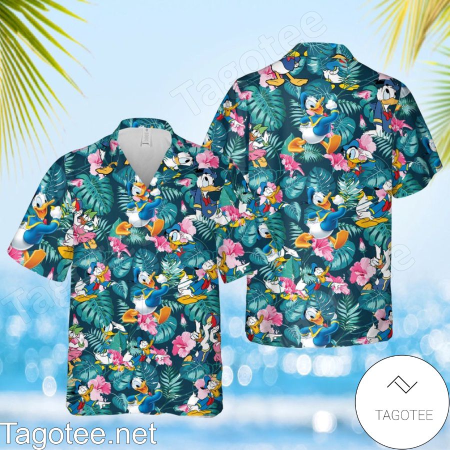 Happy Donald Duck Disney Cartoon Graphics Tropical Forest Teal Hawaiian Shirt And Short