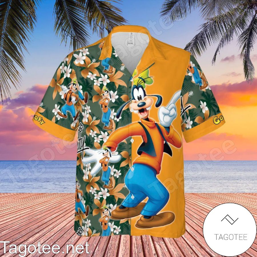 Happy Goofy Disney Cartoon Graphics Floral Pattern Orange Hawaiian Shirt And Short