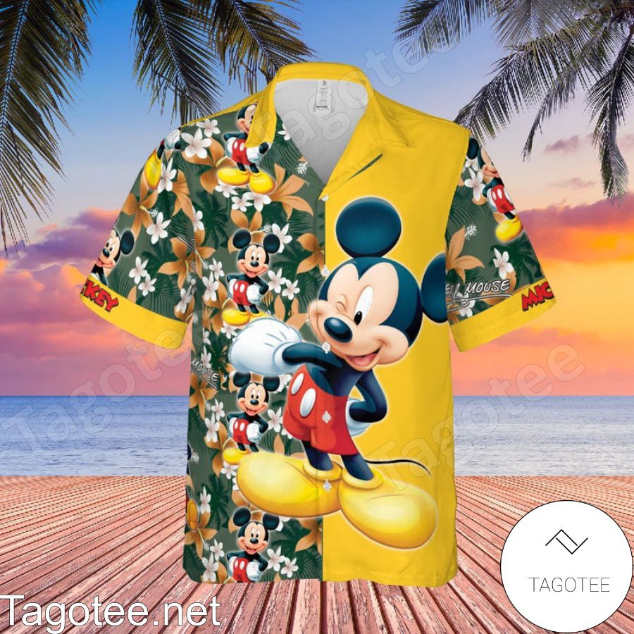 Happy Mickey Disney Cartoon Graphics Floral Pattern Yellow Hawaiian Shirt And Short