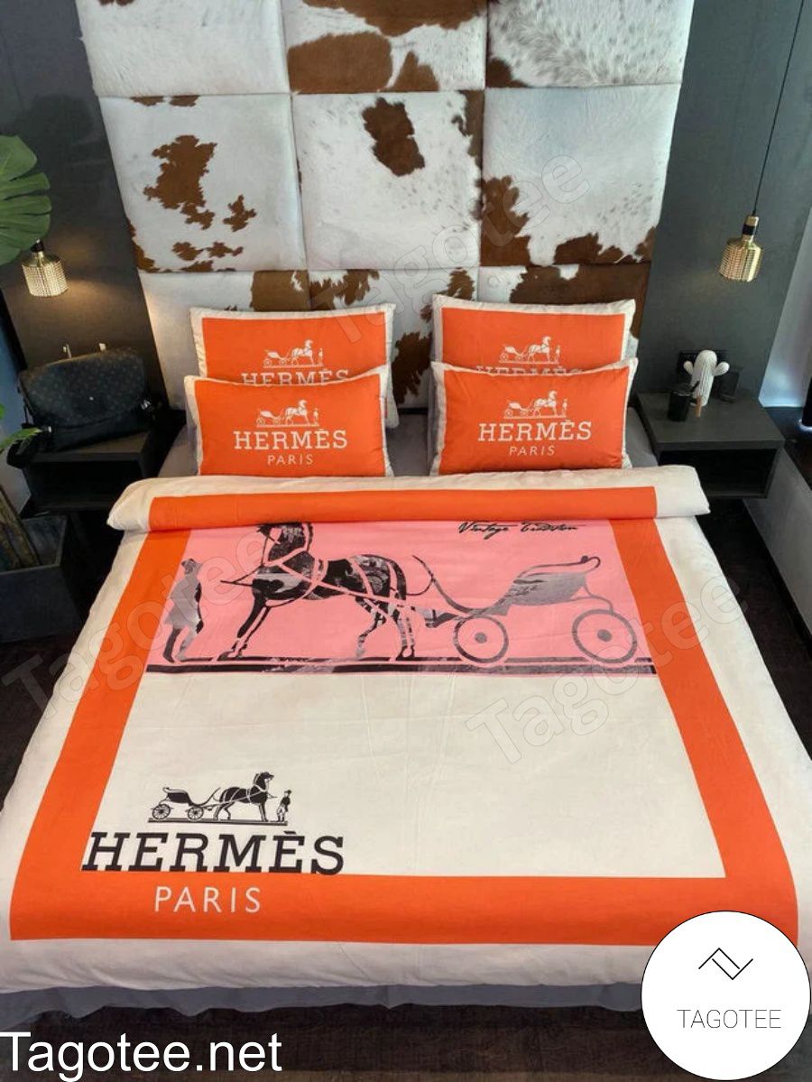 Hermes Horse Drawn Carriage White Mix Orange Luxury Bedding Set