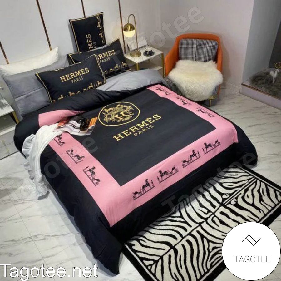 Hermes Luxury Brand Black Mix Pink Bedding Set