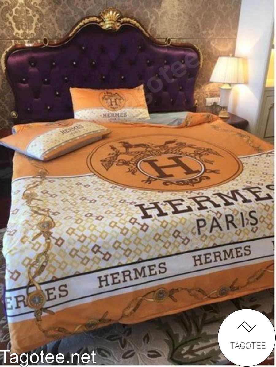 Hermes Luxury Brand Orange Mix White Bedding Set