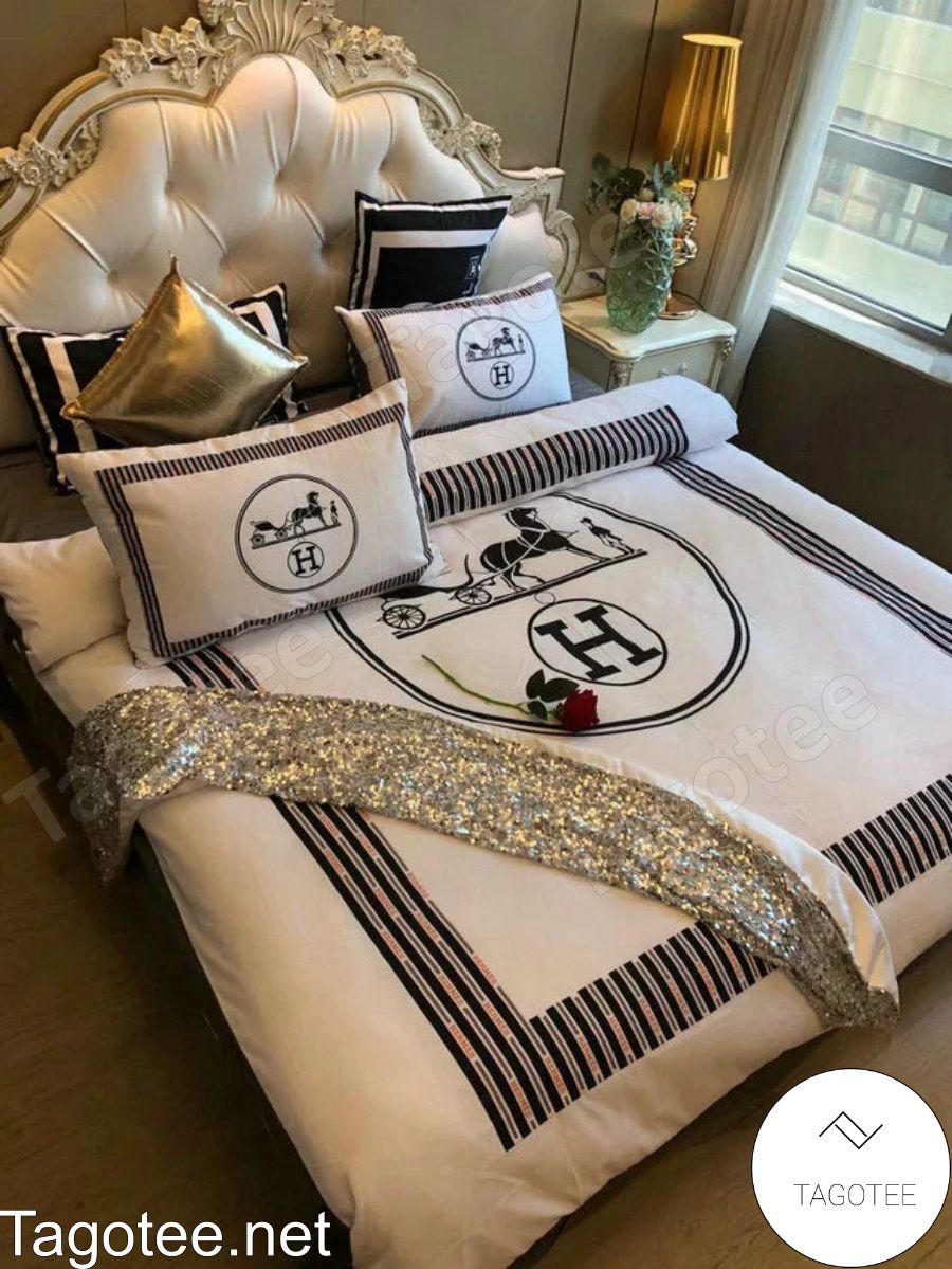 Hermes Paris Brand Circle Logo White Luxury Bedding Set