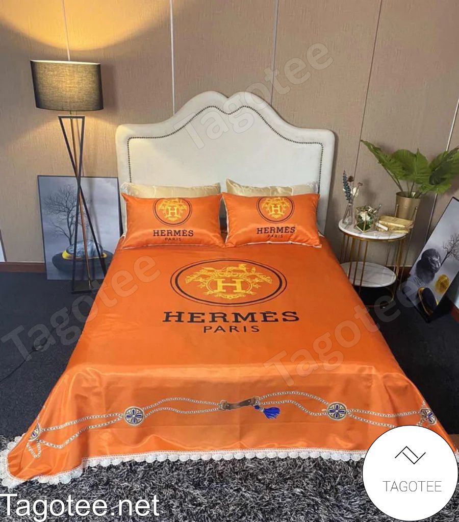 Hermes Paris Brand Circle Logo With Chain Orange Luxury Bedding Set