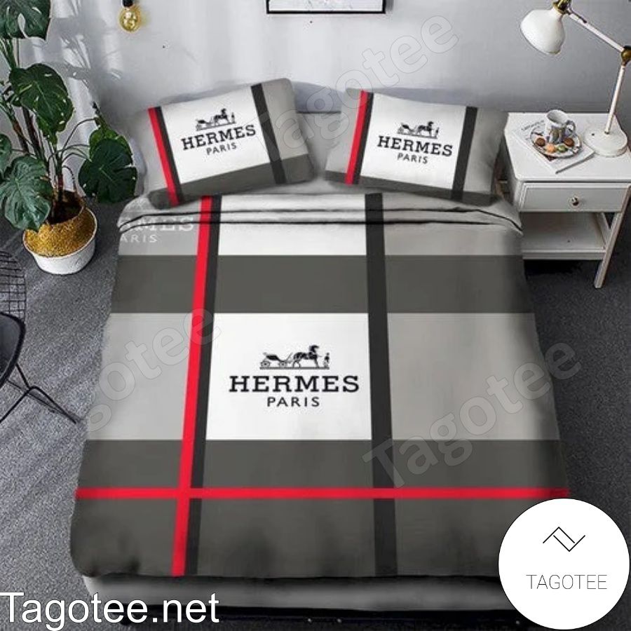 Hermes Paris Grey Plaid Luxury Bedding Set