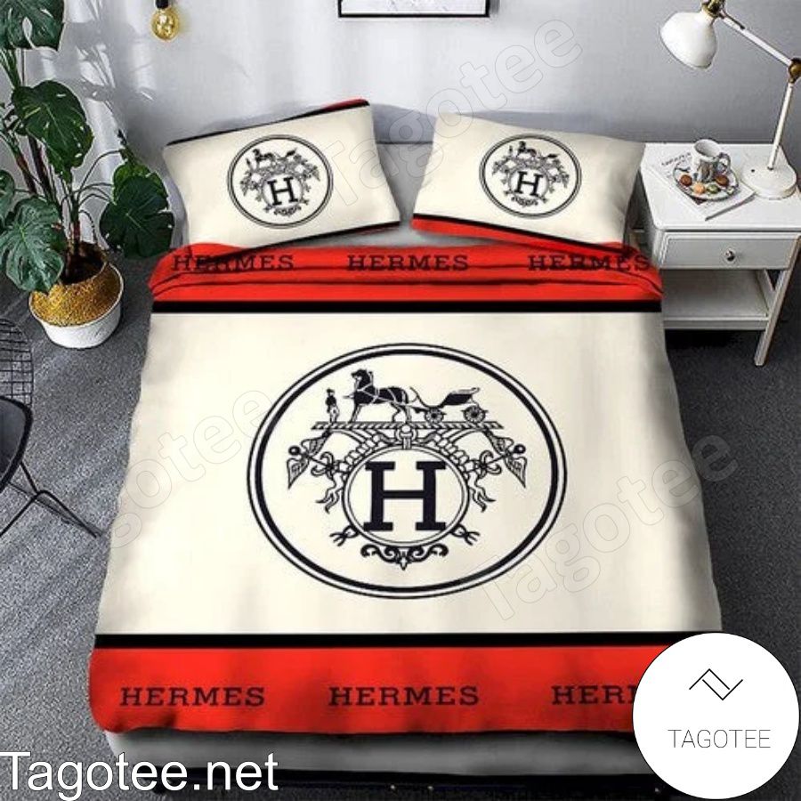 Hermes Paris Luxury Brand Circle Logo White And Red Bedding Set