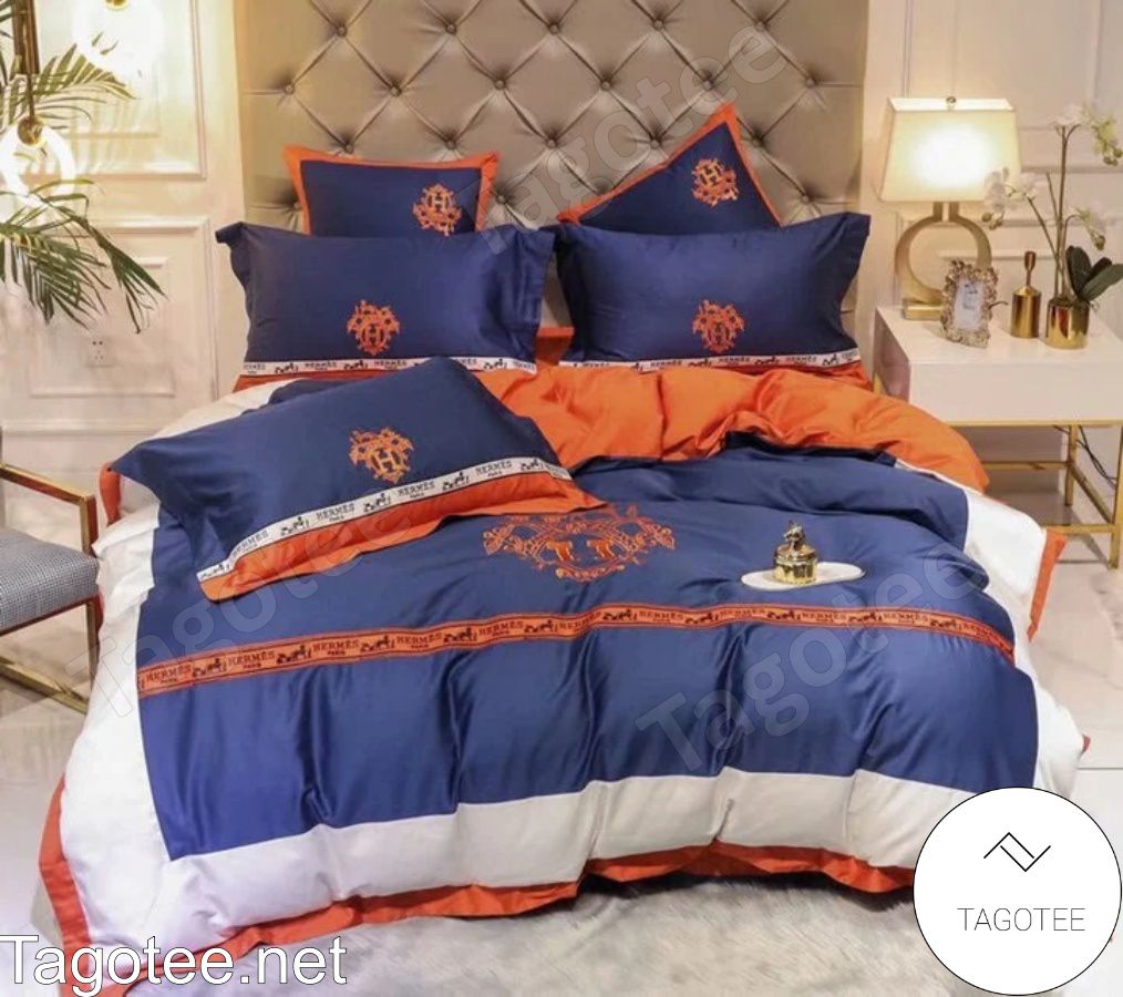 Hermes Paris Luxury Brand Mix Color Navy White And Orange Bedding Set