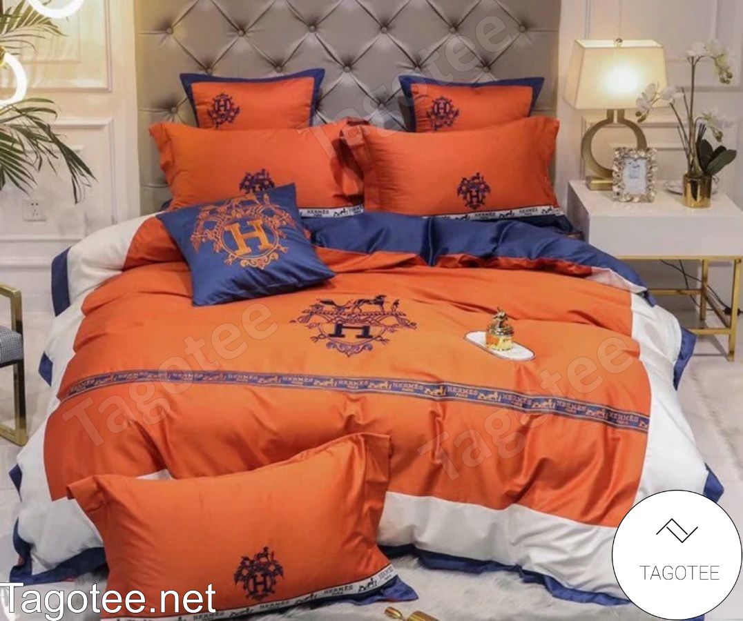 Hermes Paris Luxury Brand Mix Color Orange White And Navy Bedding Set