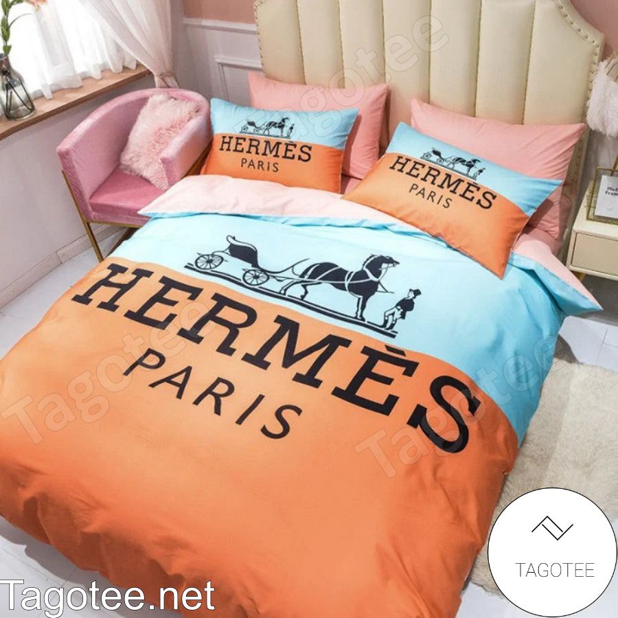 Hermes Paris Luxury Brand Orange Mix Blue Bedding Set