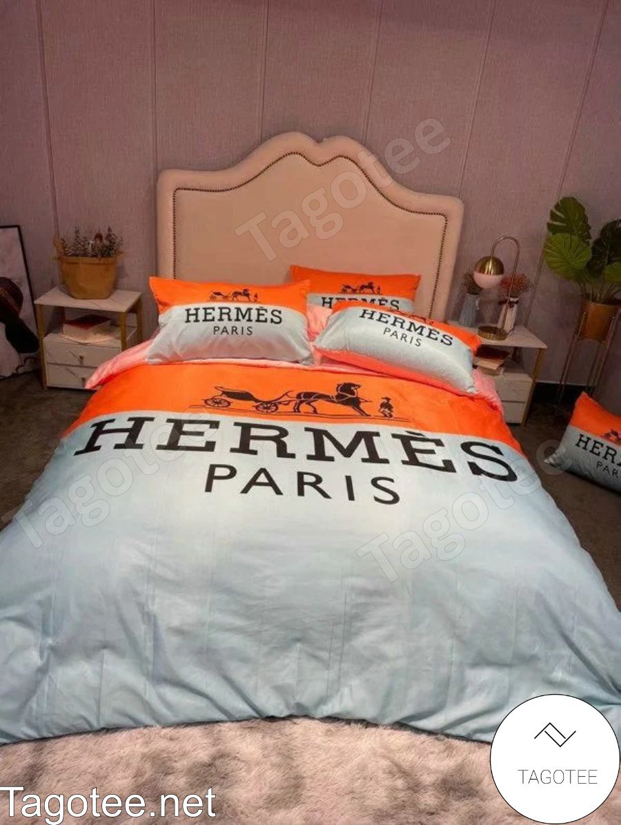 Hermes Paris Luxury Brand Orange Mix Light Blue Bedding Set