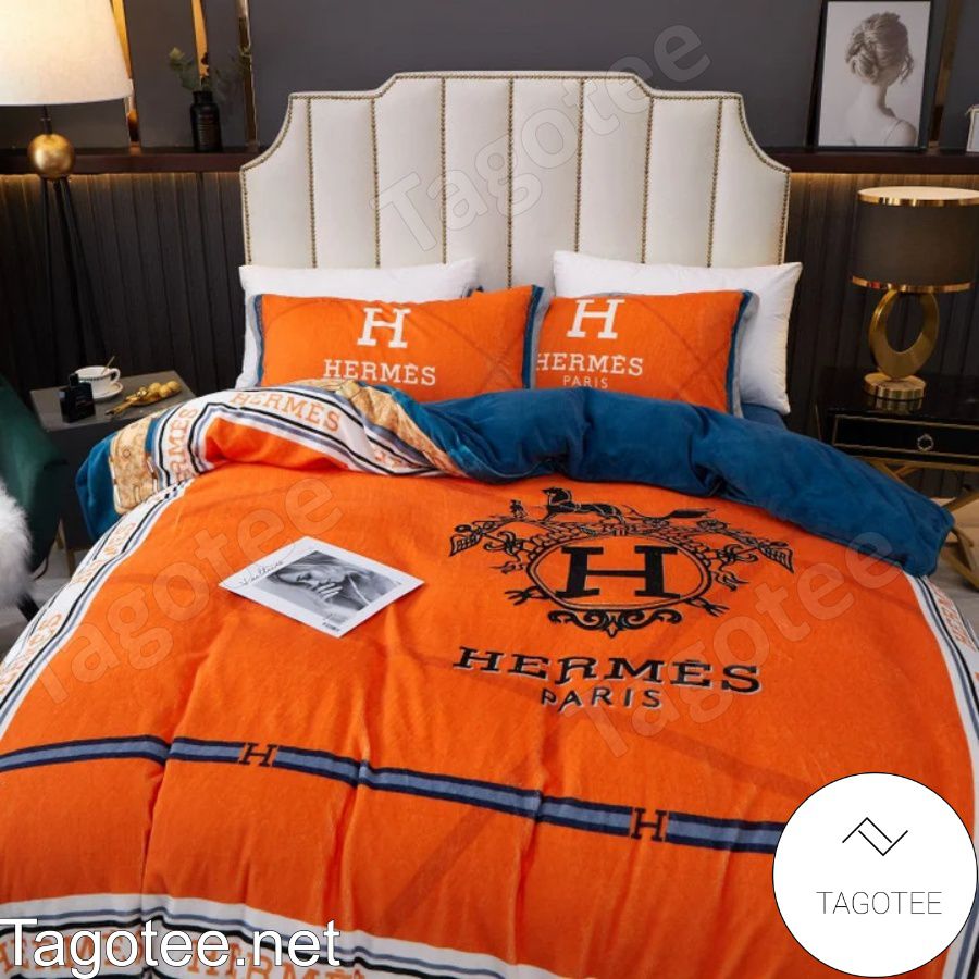 Hermes Paris Luxury Brand Orange With White Border Bedding Set