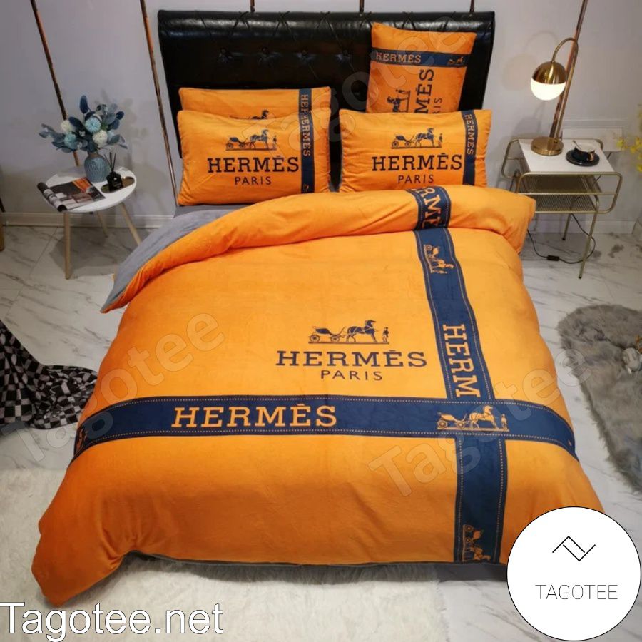 Hermes Paris Luxury Brand With Navy Perpendicular Line Orange Bedding Set