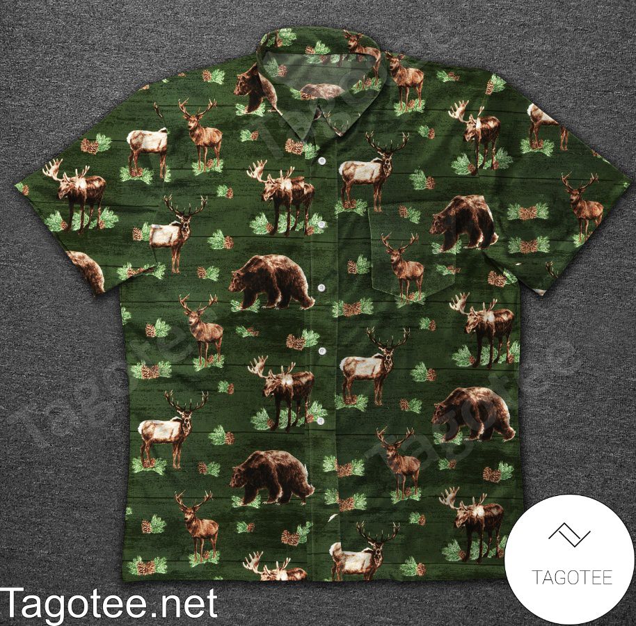 Hunting Deer And Bear Pine Nuts Green Hawaiian Shirt