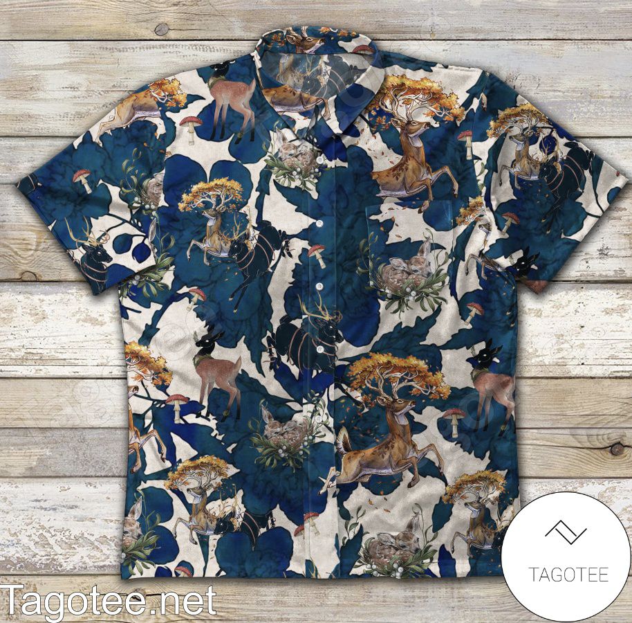 Hunting Deer Blue Flowers Hawaiian Shirt