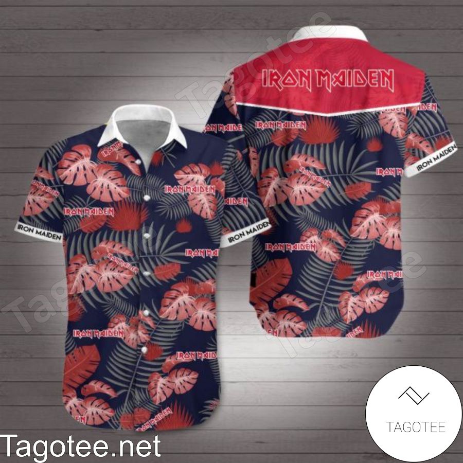 Iron Maiden Red Tropical Leaves Navy Hawaiian Shirt