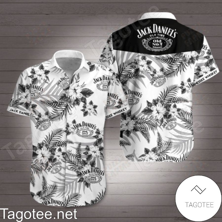 Jack Daniel's Black Tropical Pattern White Hawaiian Shirt