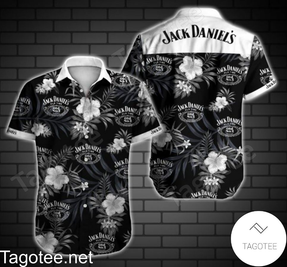 Jack Daniel's Old No. 7 Whiskey Tropical Pattern Print White And Black Hawaiian Shirt