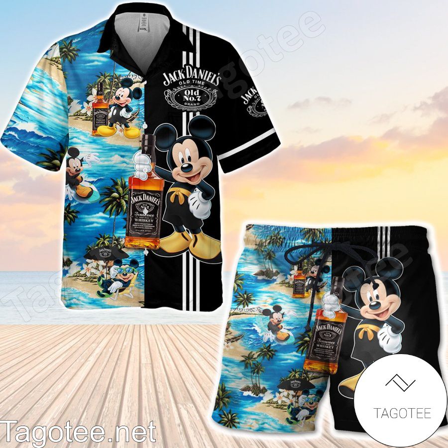 Jack Daniel's Old Time Mickey Mouse Black Hawaiian Shirt And Short
