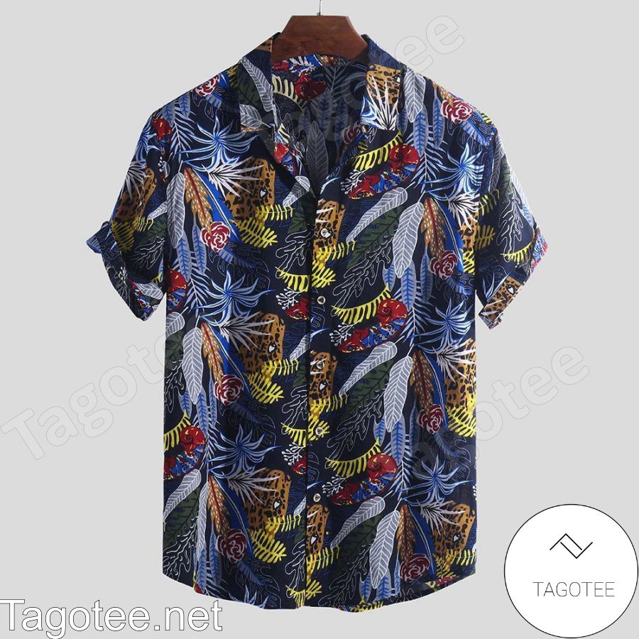 Jaguar Colorful Leaf Printed Hawaiian Shirt