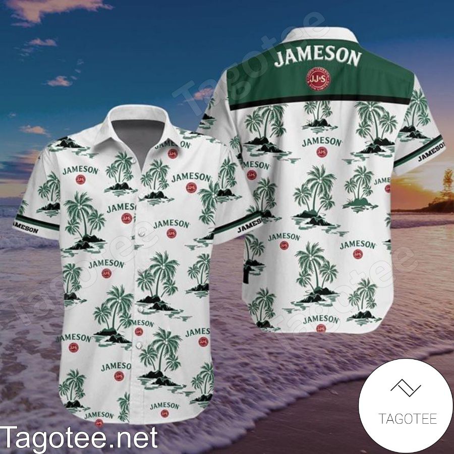 Jameson Irish Whiskey Green Palm Tree White Hawaiian Shirt