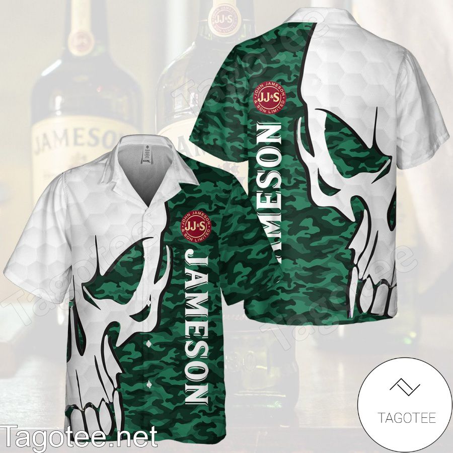 Jameson Irish Whiskey Skull Pattern Camo White Green Hawaiian Shirt And Short