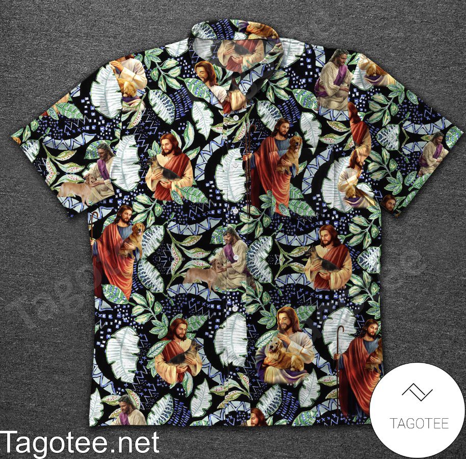 Jesus And Pet Dog Leaf Print Hawaiian Shirt