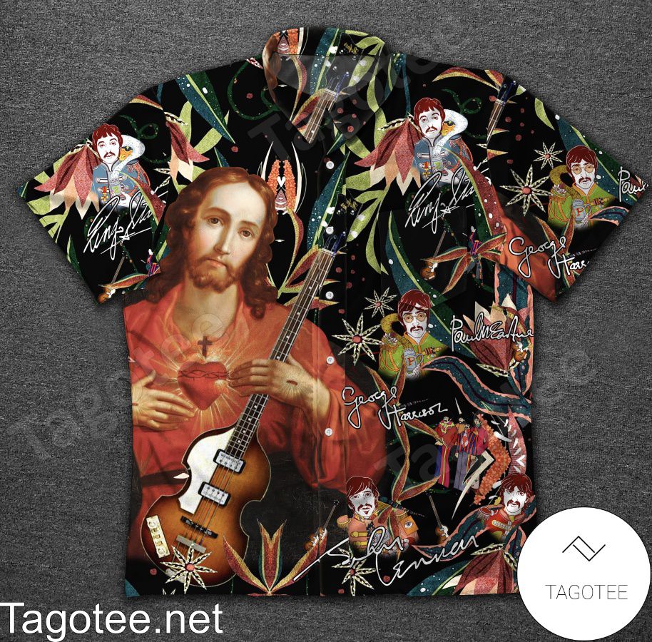 Jesus With Guitar The Beatles Chibi Signatures Black Hawaiian Shirt
