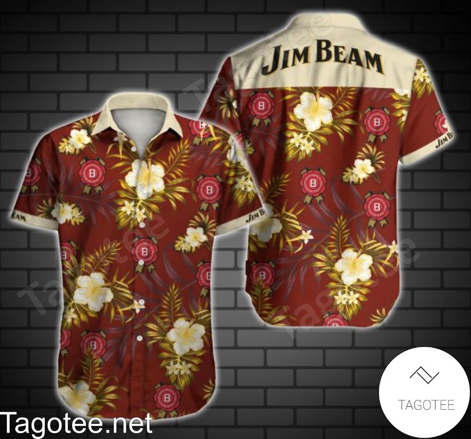 Jim Beam Yellow Tropical Floral Red Hawaiian Shirt