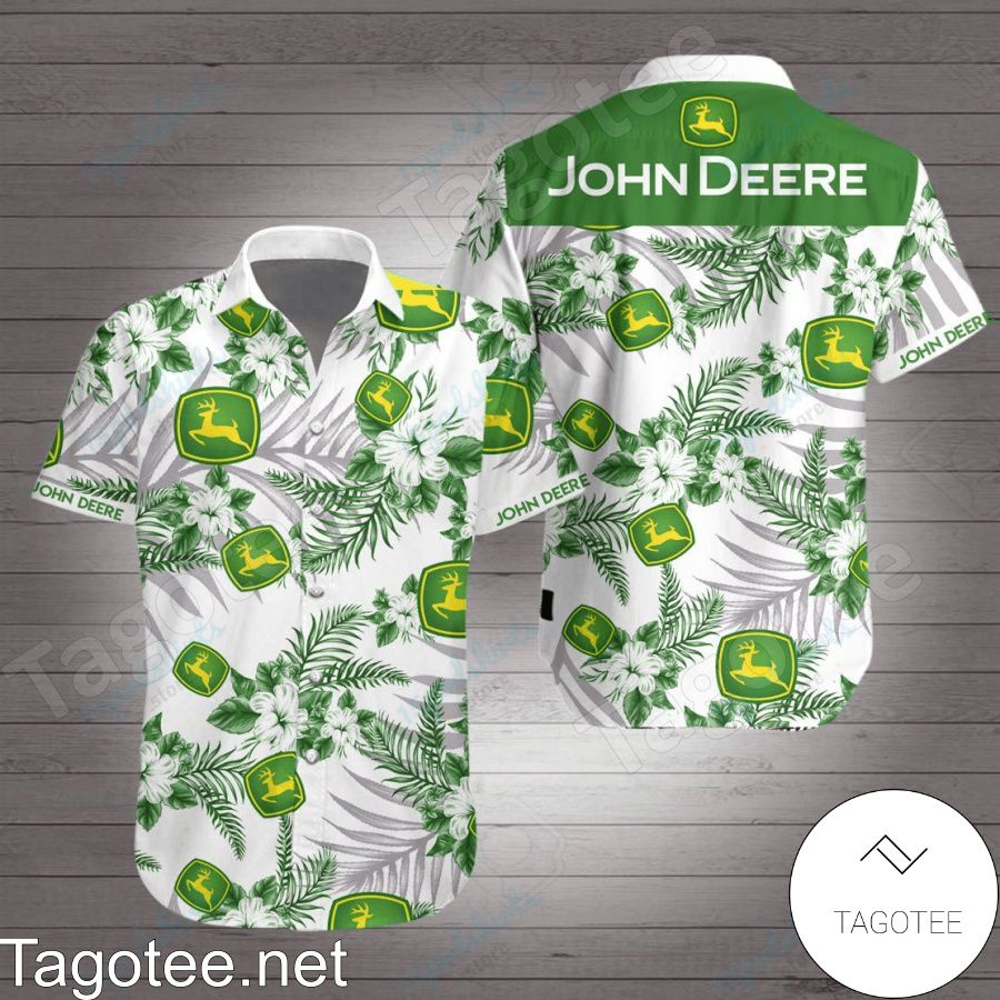 John Deere Green Tropical Floral White Hawaiian Shirt