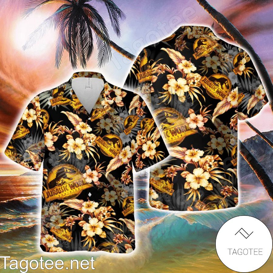 Jurasic World Logo Tropical Hibicus Black Hawaiian Shirt And Short
