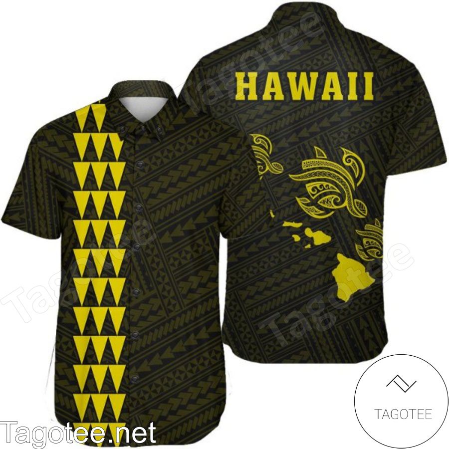 Kakau Polynesian Three Turtles Map Yellow Hawaiian Shirt