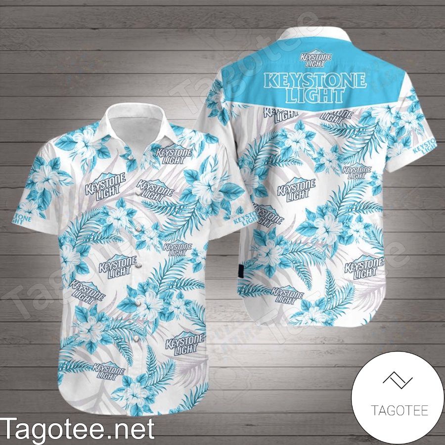 Keystone Light Blue Tropical Floral White Hawaiian Shirt