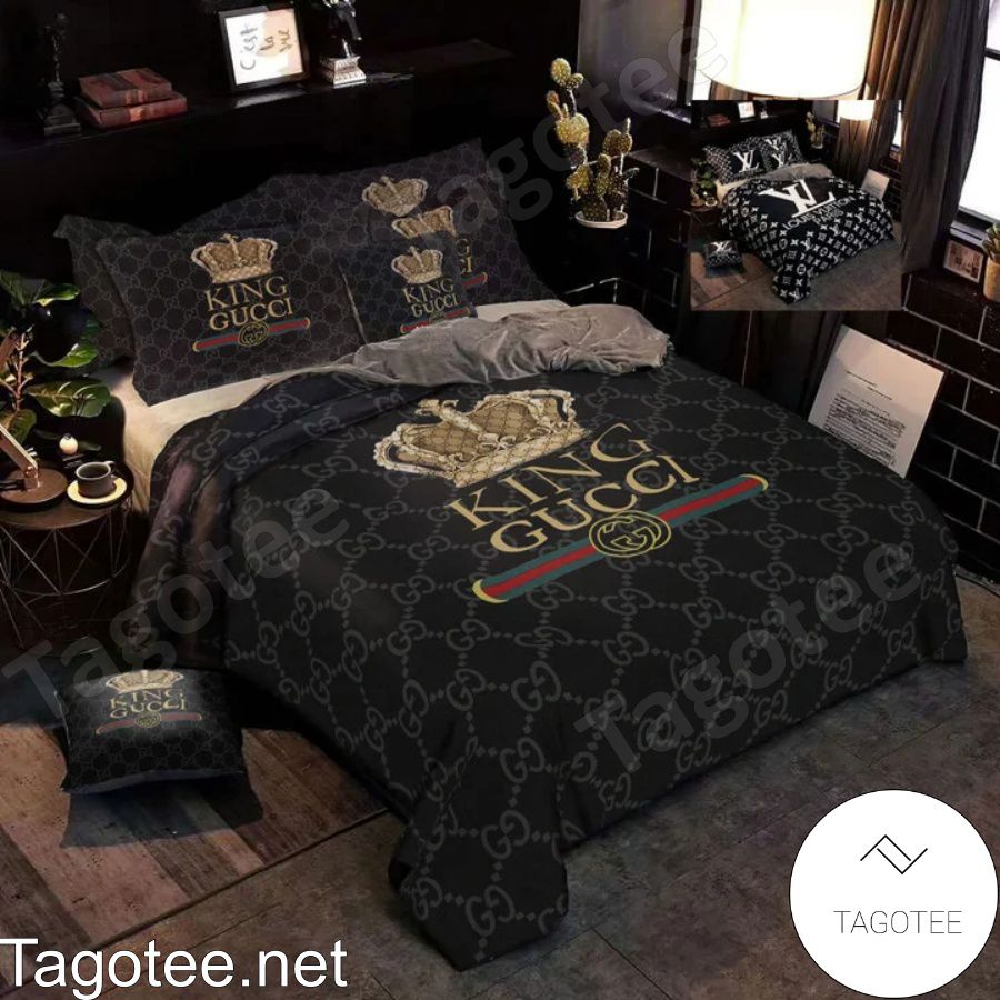 King Gucci Crown With Stripe Logo Black Monogram Bedding Set